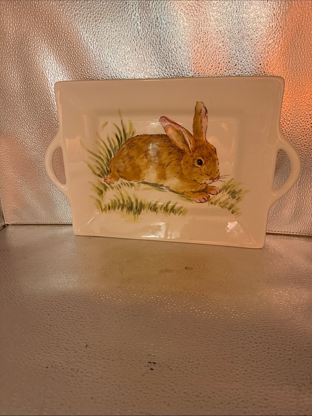 Ceramic hand painted and hand crafted bunny serving tray.